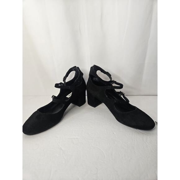 Steve Madden Black Suede Round Toe Pump Triple Adj Strap 2 Heel HEDLEY Size 8.5M - Picture 7 of 7